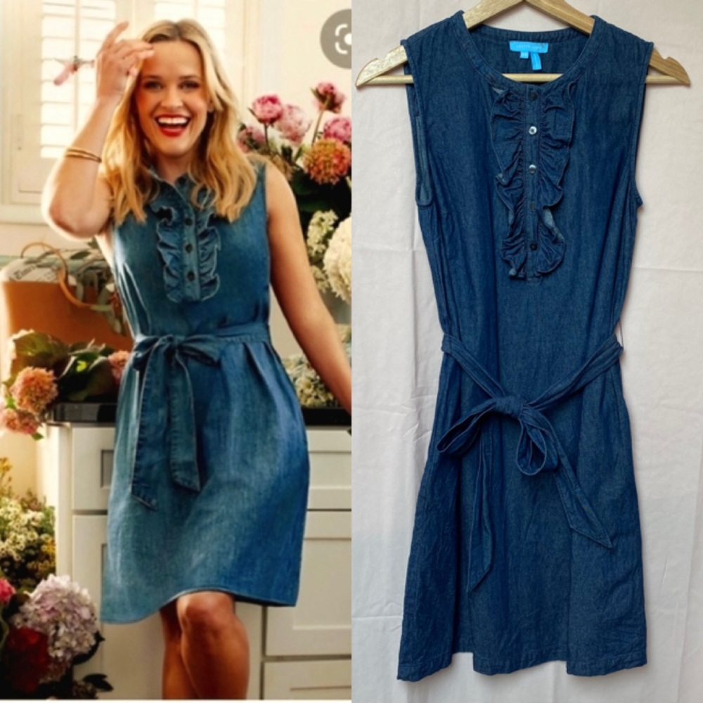 Draper James Ruffle Front Belted Chambray Dress Size XS 100% Cotton Country Chic